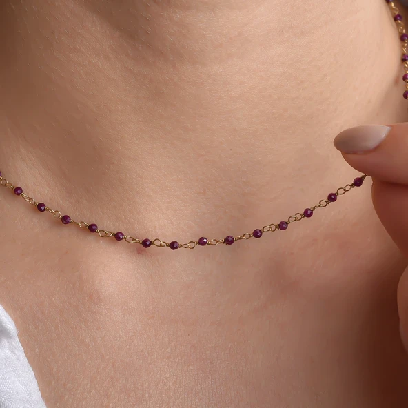 14 Ayar Altın Kaplama Garnet Değerli Taş Gümüş Boncuk Gerdanlık - CNS00640