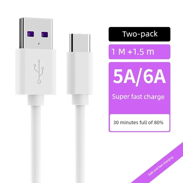 USB Type-C Süper Hızlı Şarj Veri Kablosu - Karışık [5A/6A Süper Hızlı Şarj] 1 m + 1.5 m