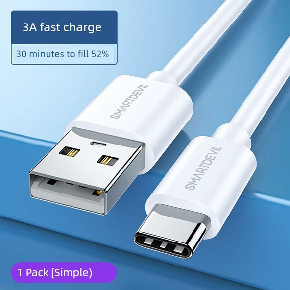 USB Type-C Kablo - 2m - Beyaz - 3A Standart Hızlı Şarj - 30 Dakikada 52%