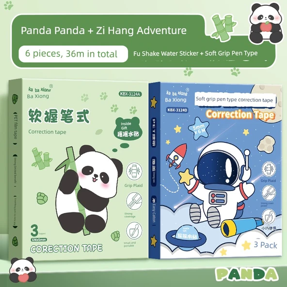 Yumuşak Tutma Düzeltme Bandı Seti - Panda Panda Panda + Uzay Keşfi - 6 Paket/36 m