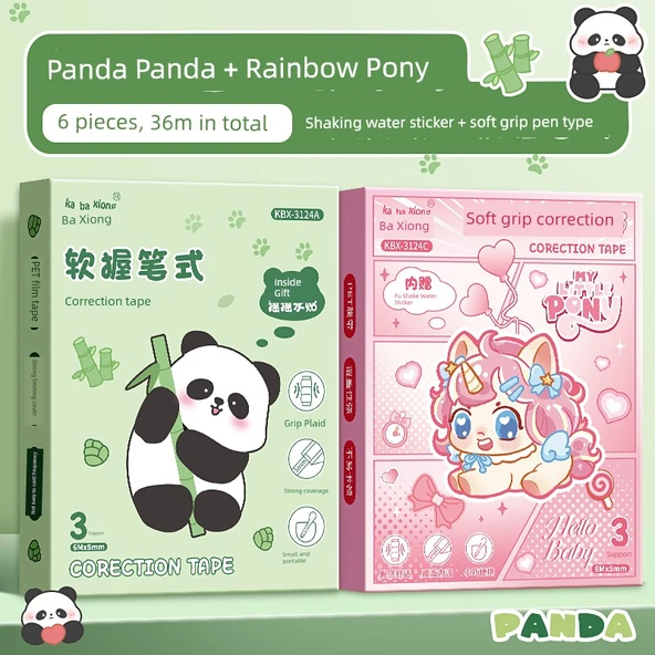 Yumuşak Tutma Düzeltme Bandı Seti - Panda Panda Panda + Gökkuşağı Pony - 6 Paket/36 m