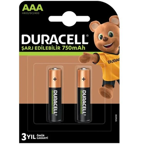 Duracell 750 mA Şarjlı AAA İnce Kalem 2'li Pil HR03/DC2400 ürün görseli