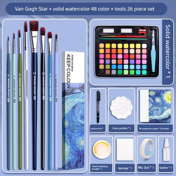 Gouache Akrilik Yağlı Boya Fırça Seti - Van Gogh Yıldız + Katı Sulu Boya 48 Renk + Araçlar 26 Parça Set