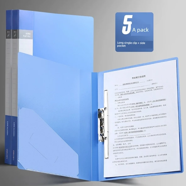 A4 Dosya Klasörü - Uzun Tek Güç Klipsi Cebi - Mavi - 5'li Paket