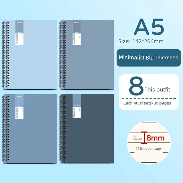 A5 Spiral Defter - Kalın - 8 Adet (80 Sayfa Her Biri)