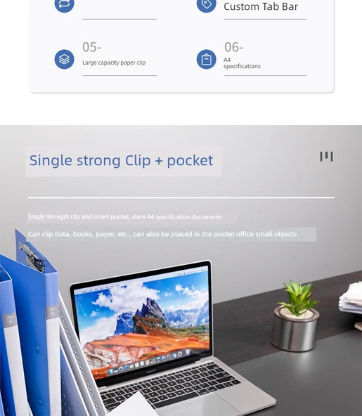 A4 Dosya Klasörü - Uzun Tek Güç Klipsi Cebi - Mavi - 5'li Paket - 7