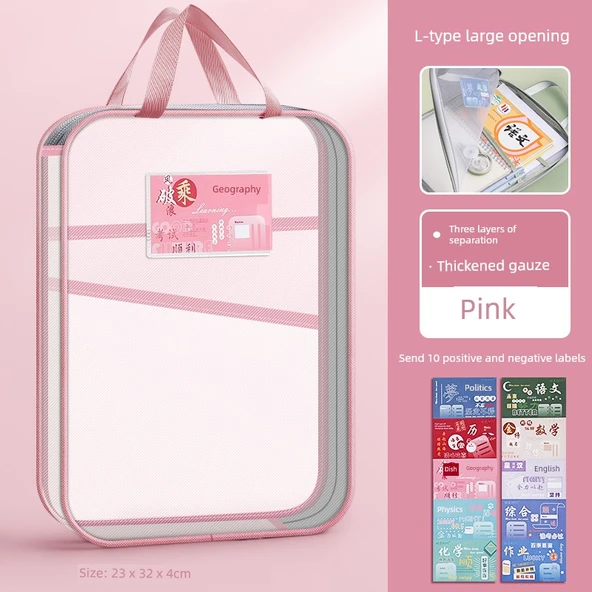 3 Katlı Dosya Çantası - L Tipi Taşınabilir - Pembe