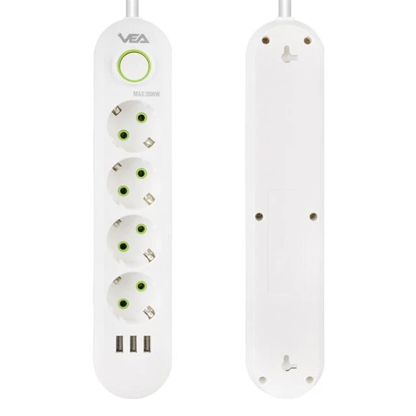 Vea VA-21560 4'lü 3 USB'li 1.5 Metre Akım Korumalı Priz Beyaz - Resim 2