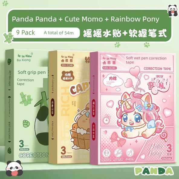 Yumuşak Tutma Su Etiketi Düzeltme Bandı - Panda Panda + Sevimli Yunus + Gökkuşağı Pony 9 Paket/54 m