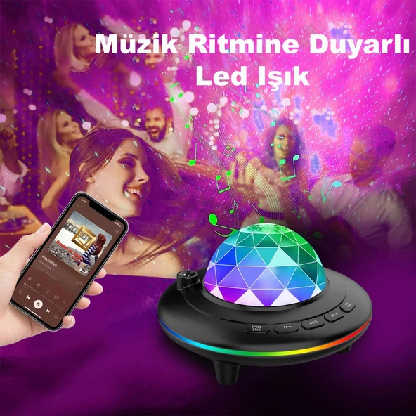 Projeksiyon Gece Lambası Parti Işığı Kumandalı Bluetooth Hoparlör Ses Bombası Yıldızlı Gökyüzü - 3