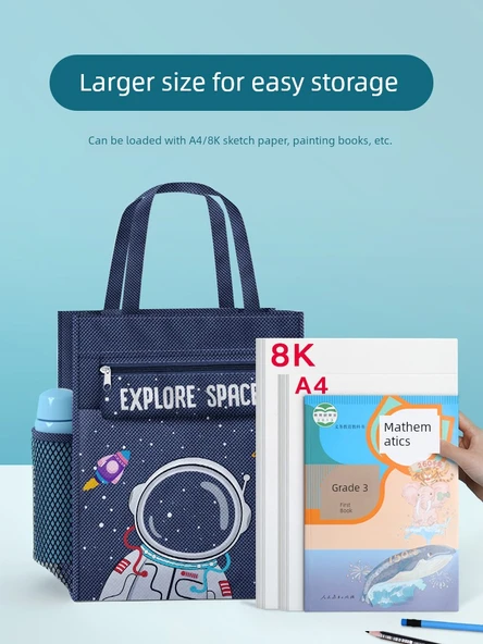 Çocuklar için Tuval Sanat Portföyü Çanta - Astronot Koyu Mavi - 4