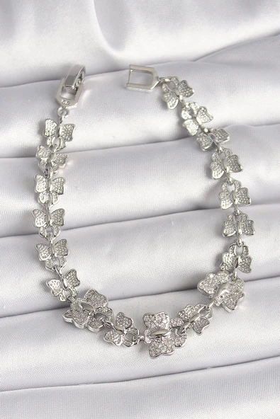 Pirinç Gümüş Renk Zirkon Taşlı Kelebek Model Zincir Kadın Bileklik - TJ-BB6835 ürün görseli