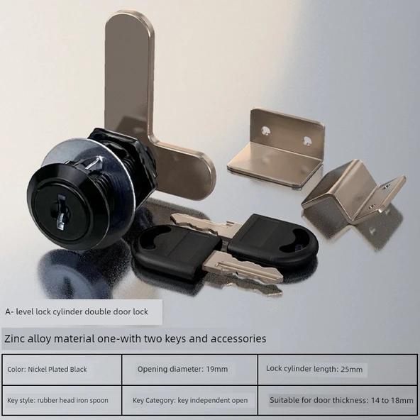 Çift Kapılı Dolap Kilidi - 25mm Silindir - Siyah - Bağımsız Açılış - 14-18mm Plaka