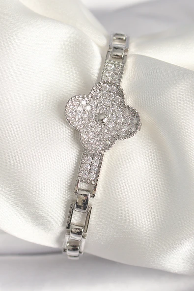 Pirinç Gümüş Renk Zirkon Taşlı Yonca Model Kadın Bileklik - TJ-BB6845 ürün görseli