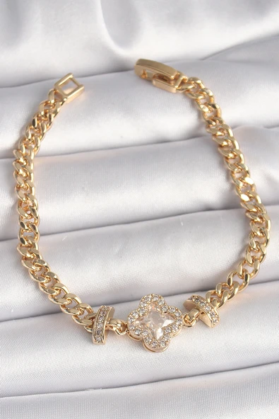 Pirinç Gold Renk Zirkon Taşlı Yonca Figür Zincir Model Kadın Bileklik - TJ-BB6818 ürün görseli