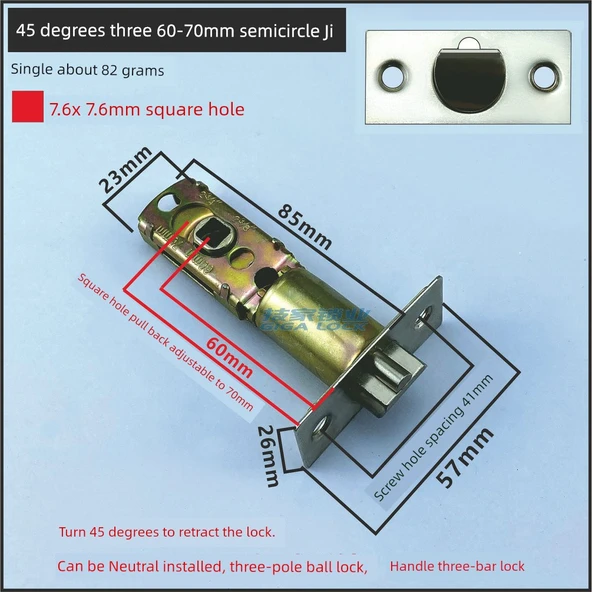 Üç Kutuplu Kilit - 45 Derece - 6-7cm Yarım Daire Dili - 35-50mm Kapı Kalınlığı - 6