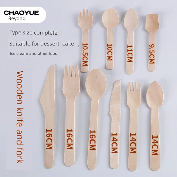 Tek Kullanımlık Ahşap Çatal Bıçak Seti - 9.6cm Uçlu Kaşık - Beyaz Kağıt Paket 100 - 2
