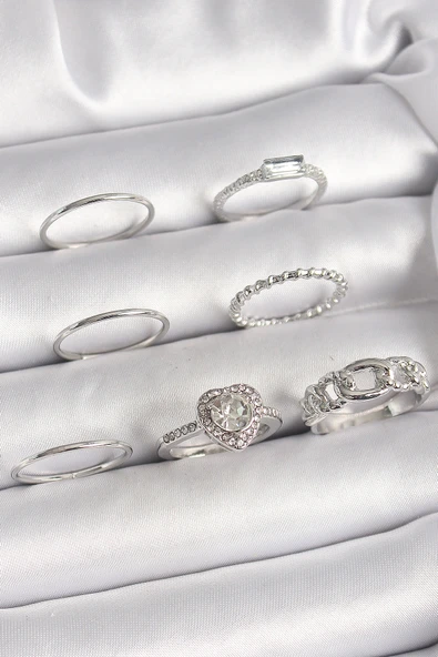 Pirinç Gümüş Renk Zirkon Taşlı Kalp Model Kadın Yüzük Kombini - TJ-BYK3661 ürün görseli