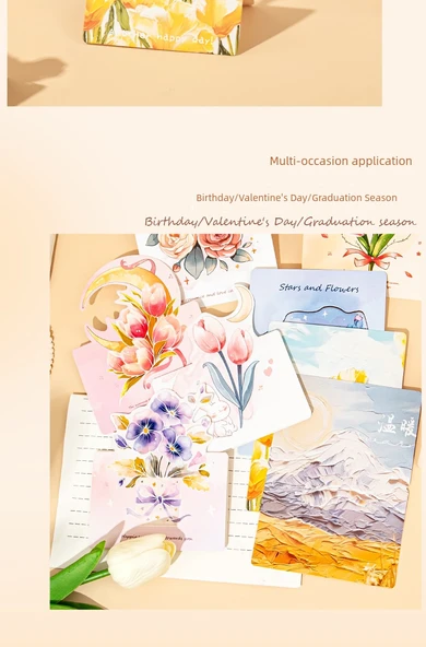 Gül Üç Boyutlu Anneler Günü Tebrik Kartı - Yağlı Boya Çiçek Sistemi - 1 Set 30 Adet - 12