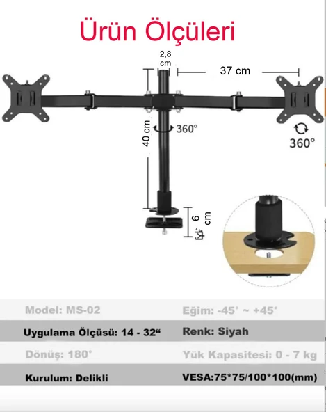 MDS Monitör Standı Çift Kollu Masaüstü Ayarlanabilir 14-32 İnç VESA Uyumlu 7 kg Taşıma Kapasiteli - 5