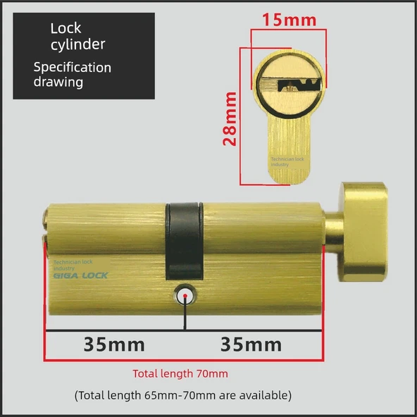 80mm Tam Bakır Kapı Kilidi Silindiri - Bakır 3 Kaşık - 3