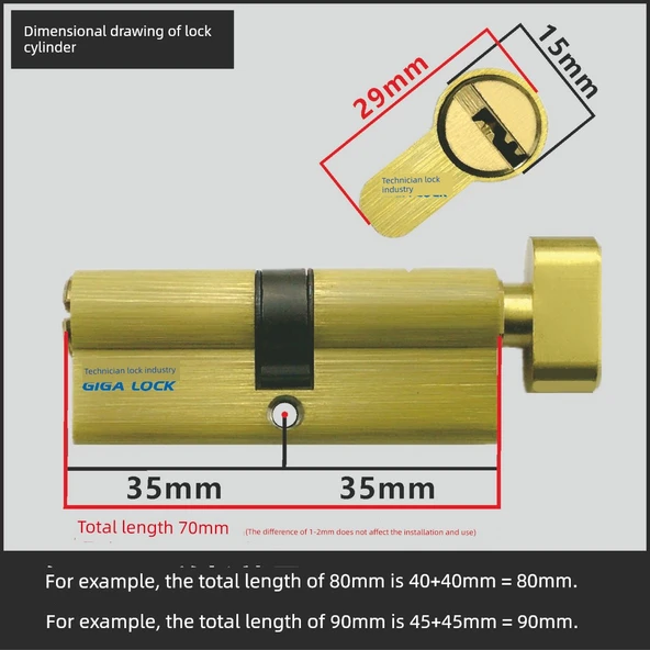 70mm Alüminyum Kasa Bakır Çekirdek Kapı Kilidi Silindiri - Bakır Kaşık - Bronz - 11