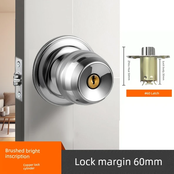 Evrensel Küresel Kapı Kilidi - Fırçalanmış Parlak Krom, 60mm Kilit Marjı, Bakır Çekirdek