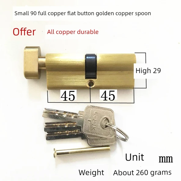 Evrensel 70mm Uzun Kapı Kolu Koruyucu - Düz Buton Küçük 90 Tam Bakır Altın, 35-45mm Kapı Kalınlığı