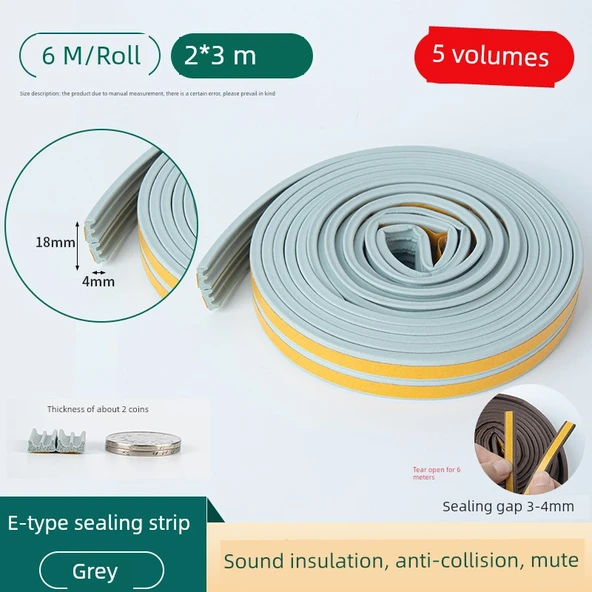 Kapı Yastığı Sessiz Darbe Önleyici Pad - Gri E Tipi 9mm x 4mm 6m 5 Rulo Paket