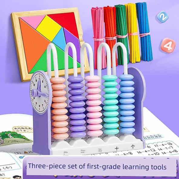 Beş Seviyeli Sayıcı - Morandi Pudra Renk - Saatli, Ahşap Sayma Çubuğu, Tangram - 2