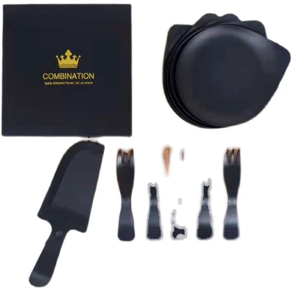 Doğum Günü Pastası Tek Kullanımlık Sofra Seti - Siyah - 5 Tabak, 5 Çatal, Bıçak, Hediye Kutusu - 10