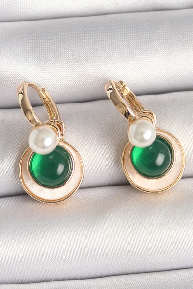 Pirinç Gold Renk Beyaz Yeşil Sallantı Mineli Kadın Küpe - TJ-BKP10363 ürün görseli