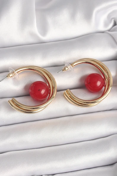 Pirinç Gold Renk Halka Model Kırmızı Boncuk Detay Kadın Küpe - TJ-BKP10366 ürün görseli