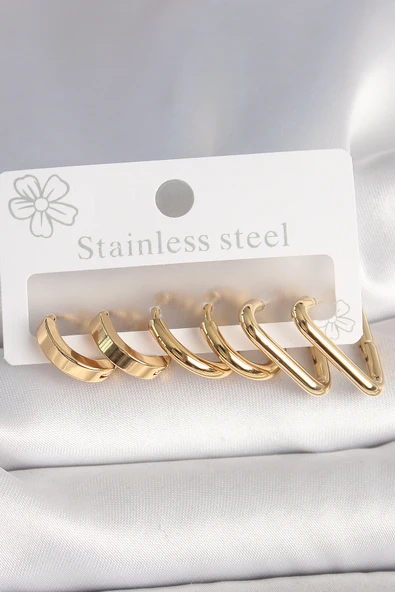 316L Çelik Gold Renk Üçgen Halka Model Kadın Küpe Seti - TJ-BKP10390 ürün görseli