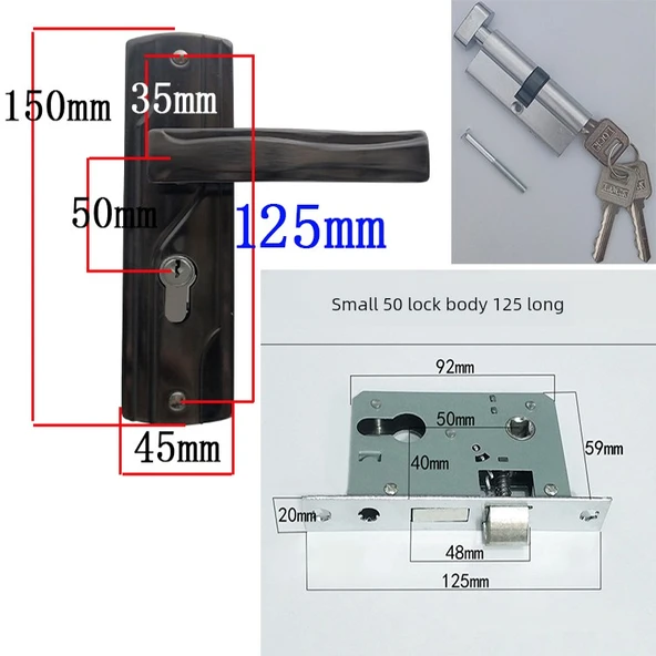 Eski Tarz Demir Panel Kapı Kilidi - 125 Delik Aralığı - Küçük 50 Kilit Gövdesi - Sıradan Çekirdek - 35-45mm Kapı