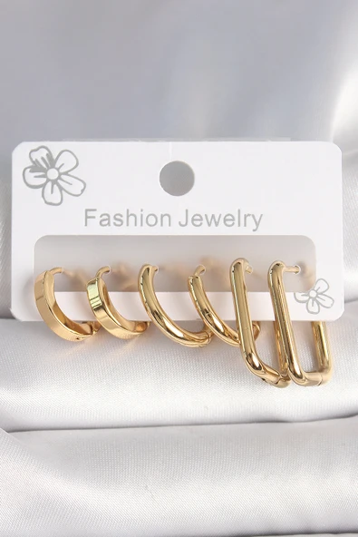 316L Çelik Gold Renk Kare Halka Model Kadın Küpe Seti - TJ-BKP10389 ürün görseli