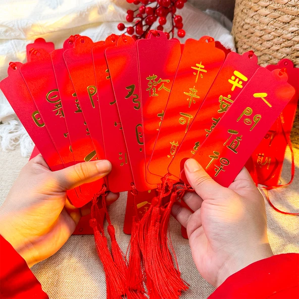 Çin Yeni Yılı Kırmızı Dilek Kartları - 30 Adet Altın Yaldızlı Kart - Şans Yaldızlı Kırmızı Kart, Kırmızı Kurdele, Kırmızı Püskül - Resim 9