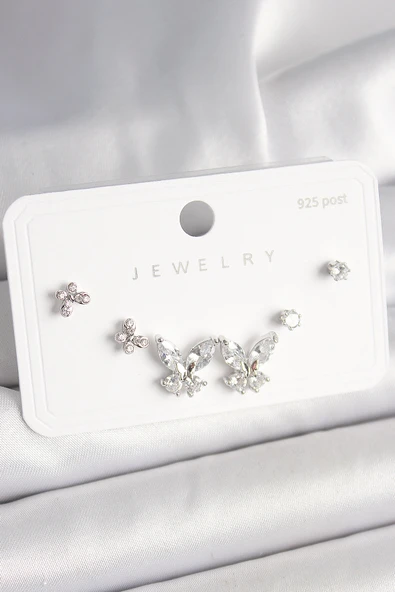 925 Ayar Gümüş Çivi Pirinç Zirkon Taşlı Kelebek Model Kadın Küpe Seti - TJ-BKP10402 ürün görseli