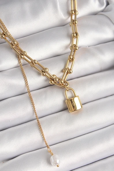 316L Çelik Gold Renk Tiffany Zincir Model Kilit Figür Sallantı İnci Detay Kadın Kolye - TJ-BKO9938 ürün görseli 1