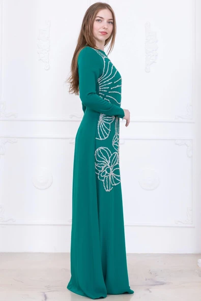 Taş Desenli Krep Abiye Elbise 2738-Zümrüt Yeşili - 5