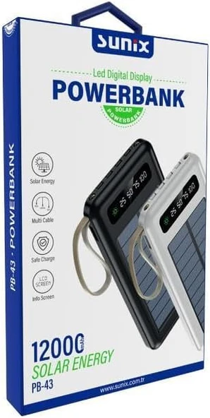 Sunix PB-43 12000 mAh Solar Energy Powerbank Siyah - Resim 3