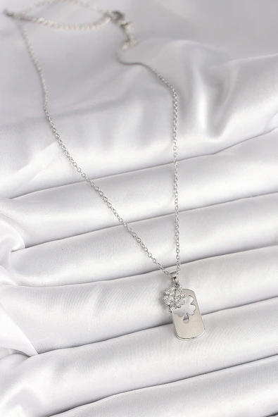 316L Çelik Gümüş Renk Zincir Zirkon Taşlı Yonca Model Kadın Kolye - TJ-BKO9955 - Resim 2