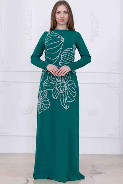 Taş Desenli Krep Abiye Elbise 2738-Zümrüt Yeşili - 2