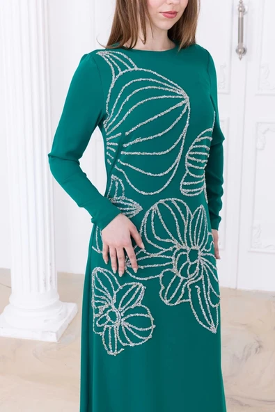 Taş Desenli Krep Abiye Elbise 2738-Zümrüt Yeşili - 3