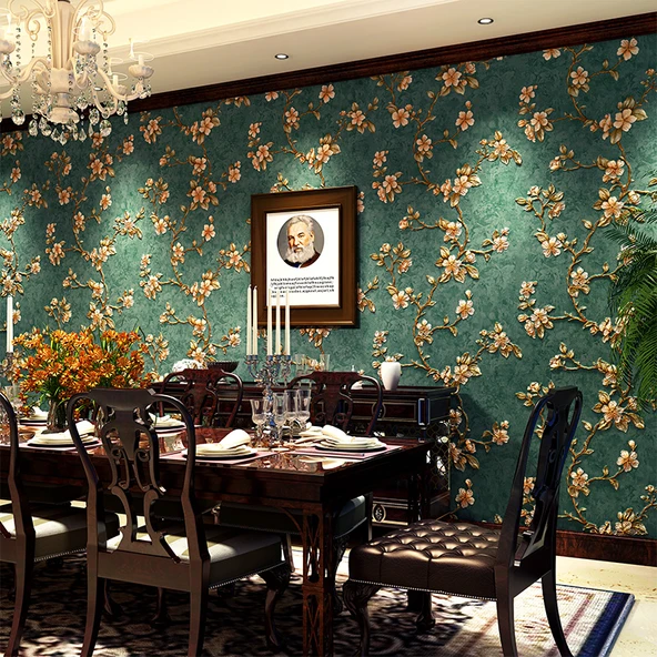 Retro Pastoral Avrupa 3D Çiçek Duvar Kağıdı - Açık Mavi-3 - 53cm x 3m - Resim 6