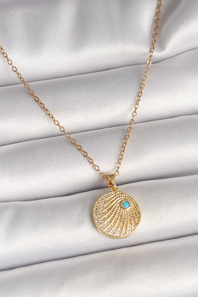 316L Çelik Gold Renk Zincir Zirkon Taş İşlemeli Mavi Taş Detaylı Madalyon Model Kadın Kolye - TJ-BKO9964 ürün görseli
