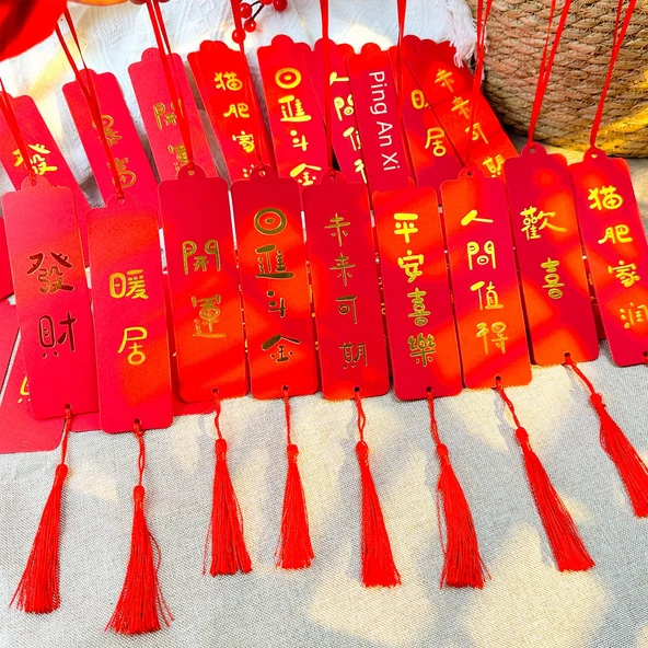 Çin Yeni Yılı Kırmızı Dilek Kartları - 30 Adet Altın Yaldızlı Kart - Şans Yaldızlı Kırmızı Kart, Kırmızı Kurdele, Kırmızı Püskül - Resim 5
