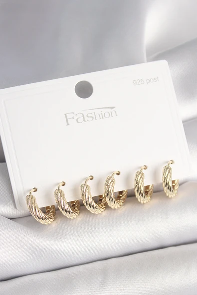 925 Ayar Gümüş Çivi Pirinç Gold Renk İşlemeli Halka Model Kadın Küpe Seti - TJ-BKP10411 ürün görseli 1