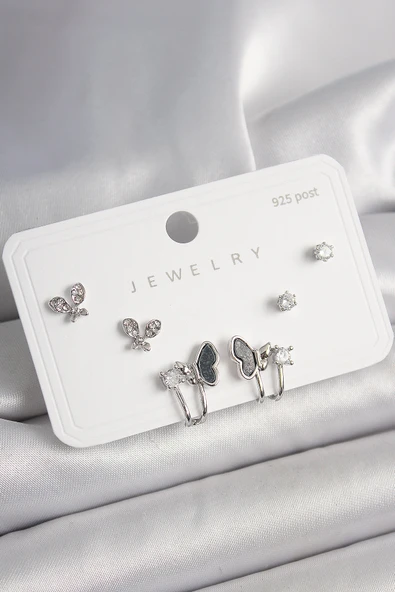 925 Ayar Gümüş Çivi Pirinç Gümüş Renk Zirkon Taşlı Kelebek Model Kadın Küpe Seti - TJ-BKP10404 ürün görseli