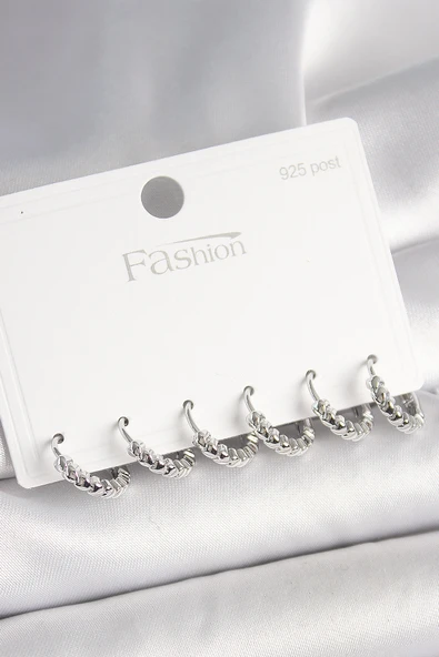 925 Ayar Gümüş Çivi Pirinç Gümüş Renk Kalp İşlemeli Halka Model Kadın Küpe Seti - TJ-BKP10412 ürün görseli